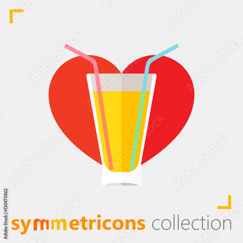 Glass of juice with two drinking straws on heart background vector icon for web and mobile from symmetricons collection