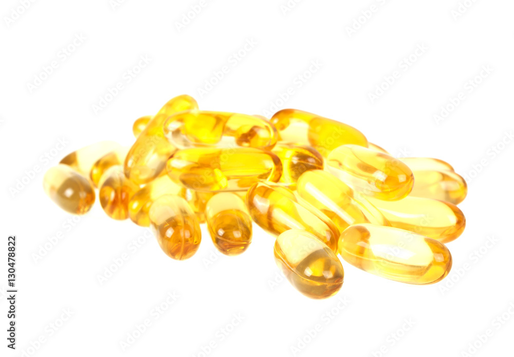 Cod liver oil omega 3 gel capsules isolated on white background Cod liver oil omega 3 gel capsules isolated on white background