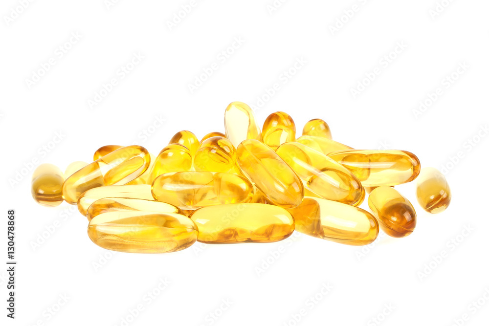 Cod liver oil omega 3 gel capsules isolated on white background Cod liver oil omega 3 gel capsules isolated on white background