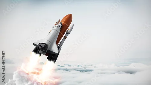 Obraz Startuje rakieta z promem kosmicznym. Ilustracja 3D