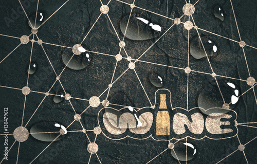 Suitable for poster  promotional leaflet  invitation  banner or magazine cover. Molecule And Communication Background. Concrete texture. Connected lines with dots. Wine text. Transparent water drops.