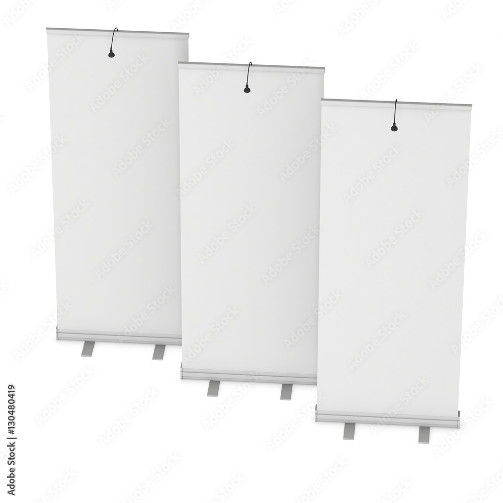 Blank Roll Up Banner Stands with different angles. Trade show booth white and blank. 3d render isolated on white background. High Resolution Template for your design. Blank Roll Up Banner Stands with different angles. Trade show booth white and blank. 3d render isolated on white background. High Resolution Template for your design.