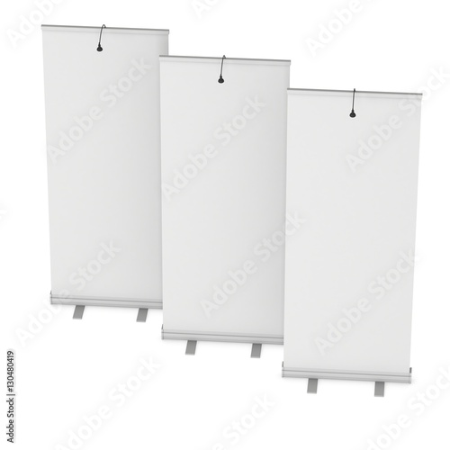 Wallpaper Mural Blank Roll Up Banner Stands with different angles. Trade show booth white and blank. 3d render isolated on white background. High Resolution Template for your design. Torontodigital.ca