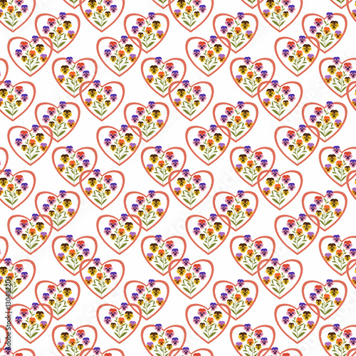 seamless abstract pattern with red hearts ,flowers in retro style, white background,
