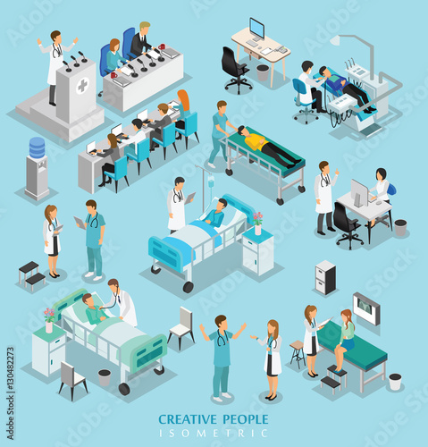 isometric people character on hospital include doctor, nurse, ma