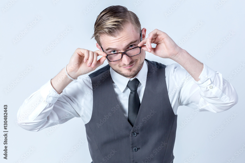 good looking business with glasses man thinking about something good looking business with glasses man thinking about something