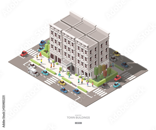 isometric town buildings with people, car and tree vector icon d
