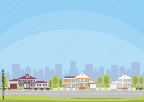 The cottage settlement on the suburb of the big city. Vector background