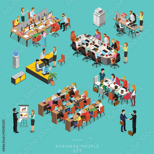 Set of ISOMETRIC BUSINESS PEOPLE TEAMWORK MEETING in office  sha