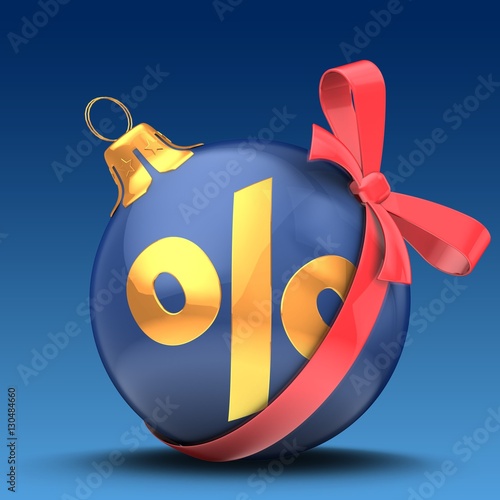 3d illustration of Christmas ball dark blue over blue background with golden percent sign and red bow