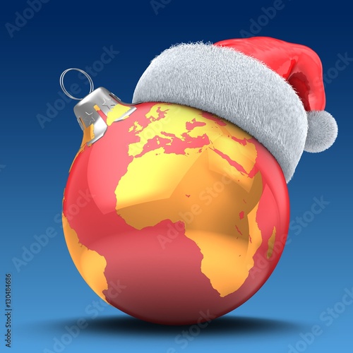 3d illustration of classic Christmas ball over blue background with earth map and Christmas hat