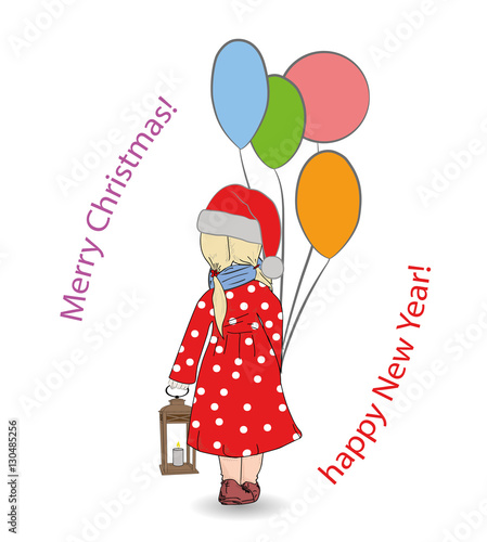 girl in a Christmas hat. with balls and candle lamp. Happy New Year and Merry Christmas. vector illustration.