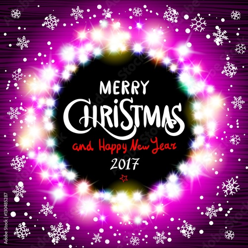 Merry Christmas and Happy New Year 2017 greeting card with beautiful fireworks in the night. Shining Christmas background. Vector illustration.