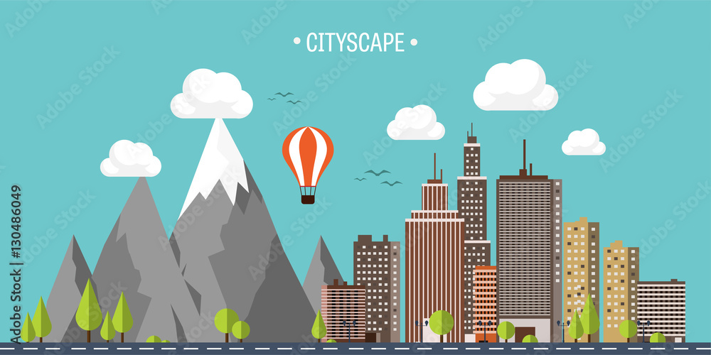 Obraz premium City in summer. Urban landscape with mountains. Town. Mountain peak,snow. House in village. Weather.