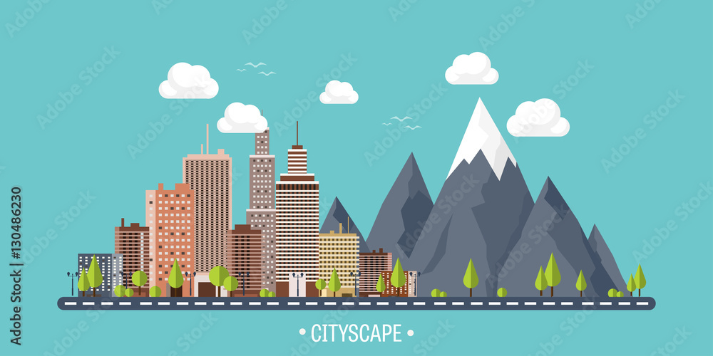 City in summer. Urban landscape with mountains. Town. Mountain peak,snow. House in village. Weather.