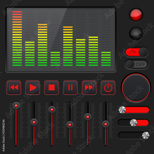 Sound equalizer with slider and media player buttons. Black and red collection