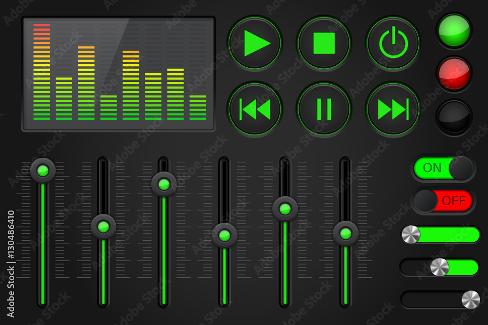 Sound equalizer with slider and media player buttons. Black and green collection Sound equalizer with slider and media player buttons. Black and green collection
