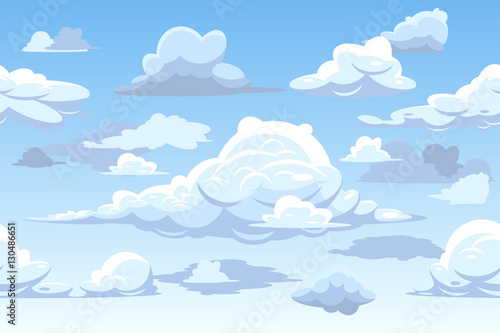 Vector cartoon blue cloudy sky horizontal seamless pattern