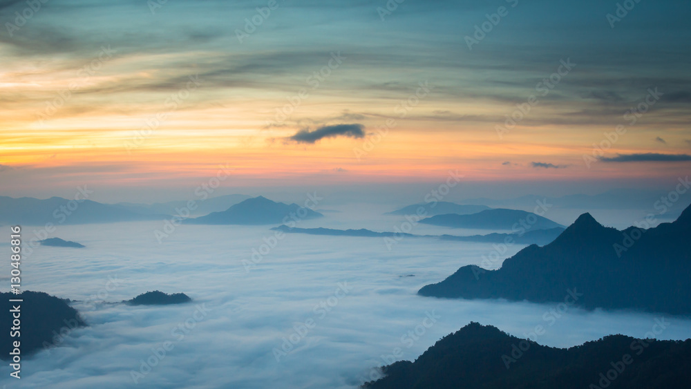 Mountain scenery with mist clouds at view point in the morning