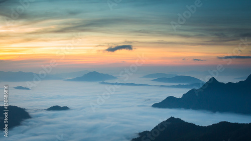 Mountain scenery with mist clouds at view point in the morning