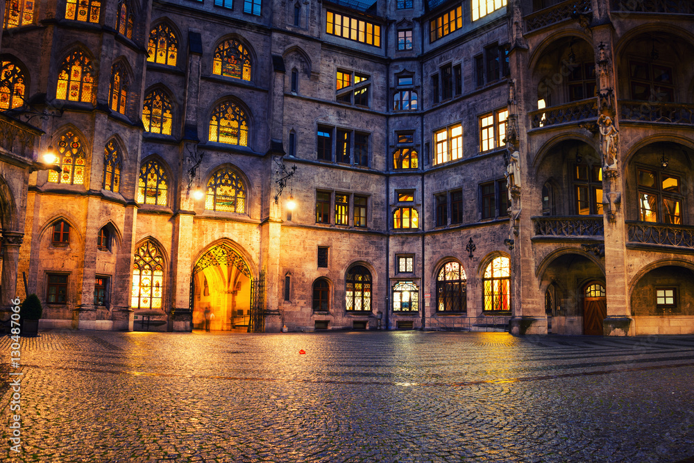 Munich, Germany. Illuminated historical building of Town hall