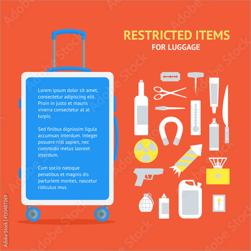 Restricted Items Set and Suitcase Banner Card. Vector