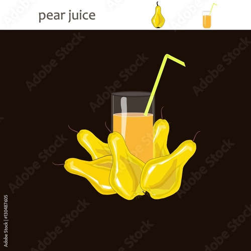 Glass of juice with green straw and yellow painting hand drawn pears on black, stock vector illustration