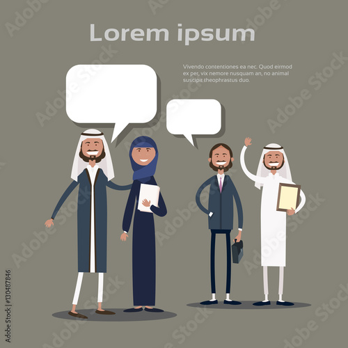 Successful Arab Business People Group Hold Contract Sign Document Flat Vector Illustration