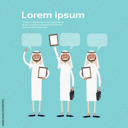 Successful Arab Business People Group Hold Contract Sign Document Flat Vector Illustration