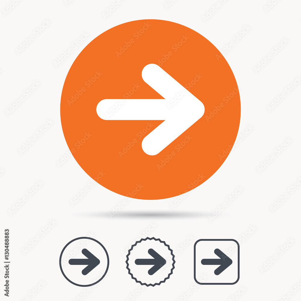 Arrow icon. Next navigation symbol. Orange circle button with web icon. Star and square design. Vector Arrow icon. Next navigation symbol. Orange circle button with web icon. Star and square design. Vector