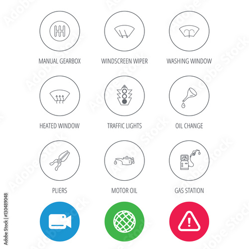 Motor oil change, traffic lights and pliers icons. Gas station, heated window and manual gearbox linear signs. Washing window icons. Video cam, hazard attention and internet globe icons. Vector