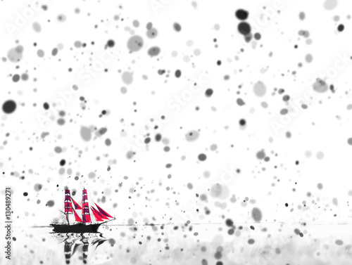 frigate with scarlet ( red ) sails with the snow or ashes on a background. abstract background.