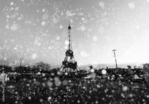 Photography Paris cityscape with Eiffel tower at winter night in France