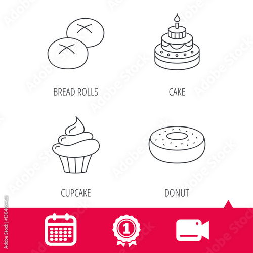 Achievement and video cam signs. Cupcake, cake and bread rolls icons. Sweet donut linear sign. Calendar icon. Vector