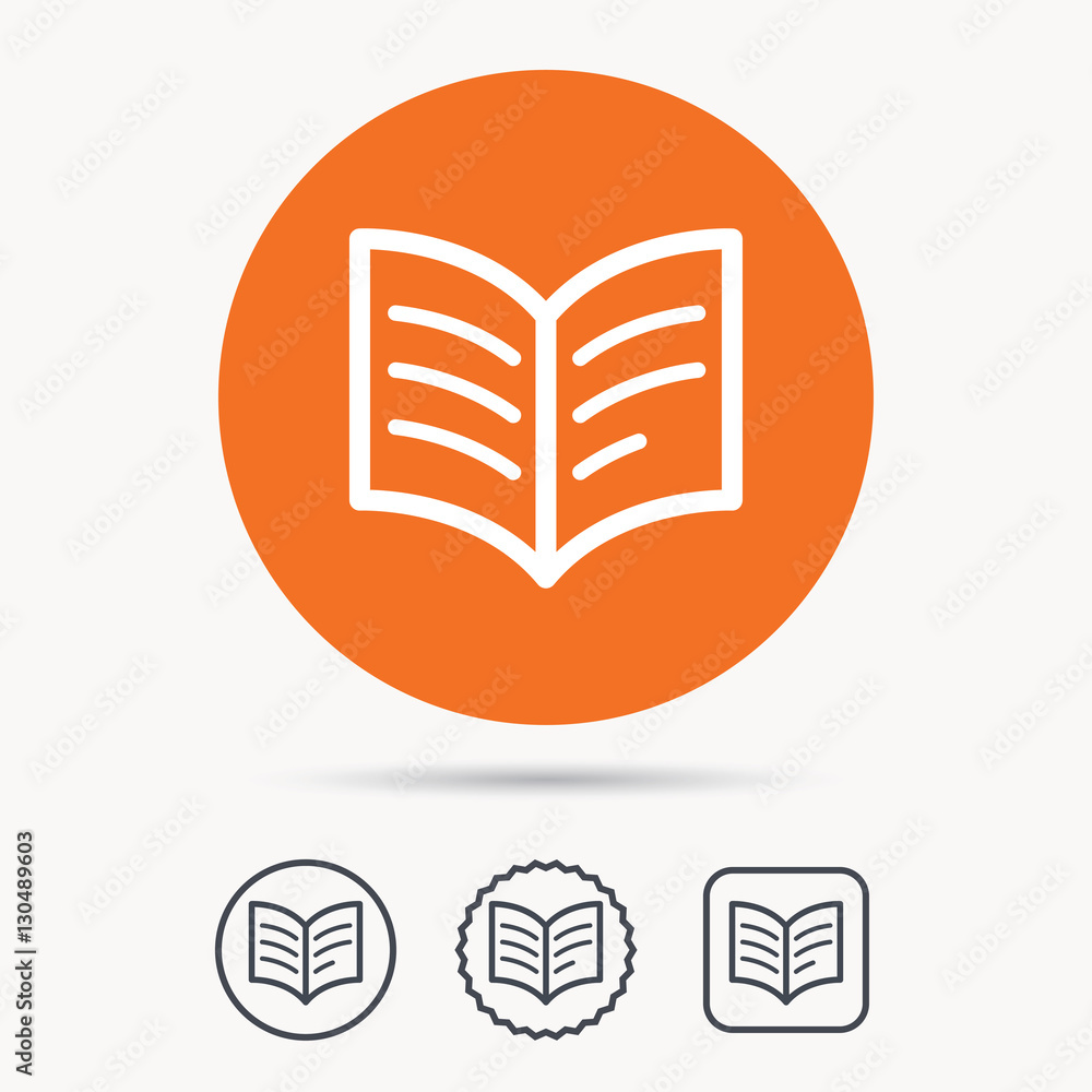 Book icon. Study literature sign. Education textbook symbol. Orange circle button with web icon. Star and square design. Vector Book icon. Study literature sign. Education textbook symbol. Orange circle button with web icon. Star and square design. Vector