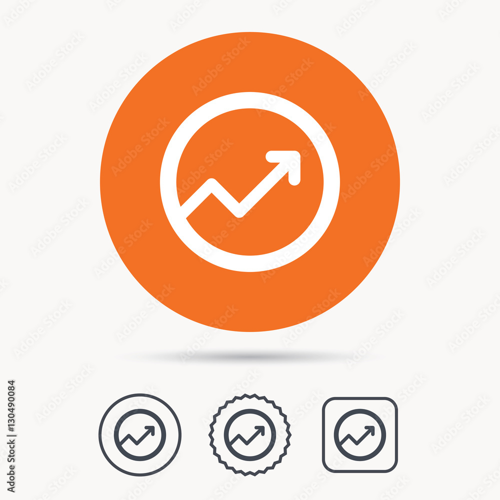 Growing graph icon. Business analytics chart symbol. Orange circle button with web icon. Star and square design. Vector