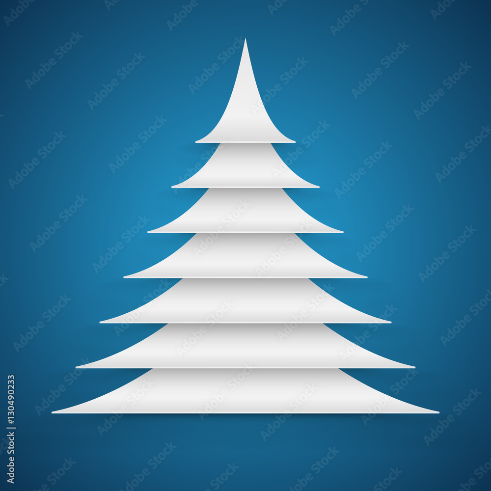 Fototapeta premium Abstract white paper cut Christmas tree on blue background.