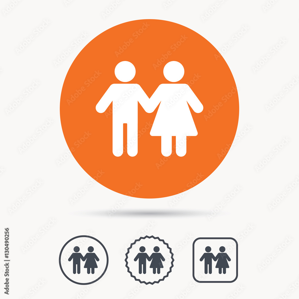 Couple icon. Traditional young family symbol. Orange circle button with web icon. Star and square design. Vector Couple icon. Traditional young family symbol. Orange circle button with web icon. Star and square design. Vector