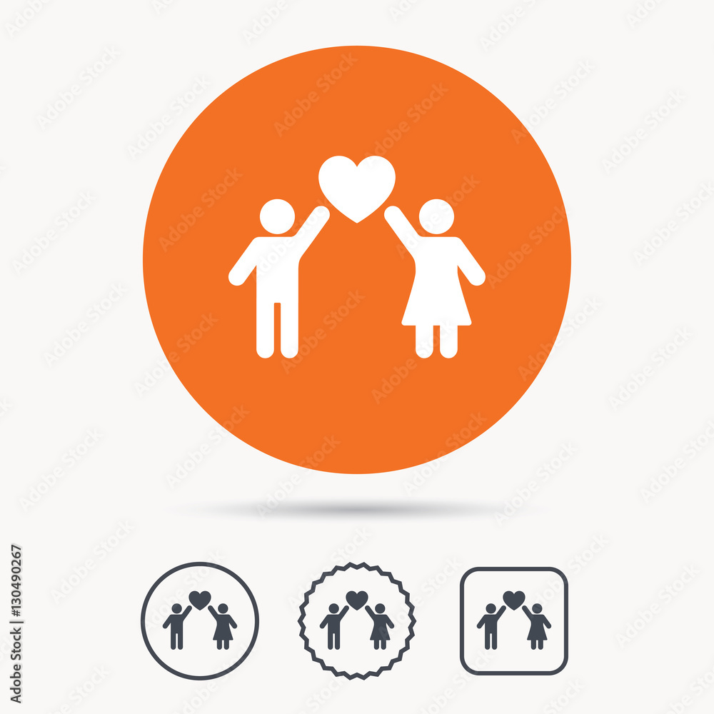 Couple love icon. Traditional young family symbol. Orange circle button with web icon. Star and square design. Vector Couple love icon. Traditional young family symbol. Orange circle button with web icon. Star and square design. Vector