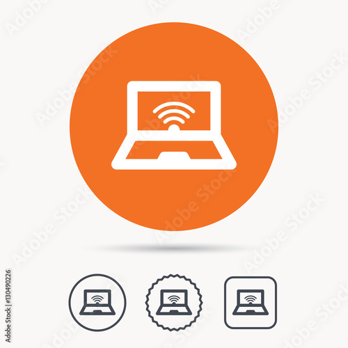 Computer with wifi icon. Notebook or laptop pc symbol. Orange circle button with web icon. Star and square design. Vector