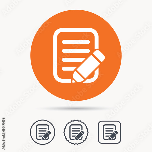 Edit icon. Pencil for drawing symbol. Orange circle button with web icon. Star and square design. Vector