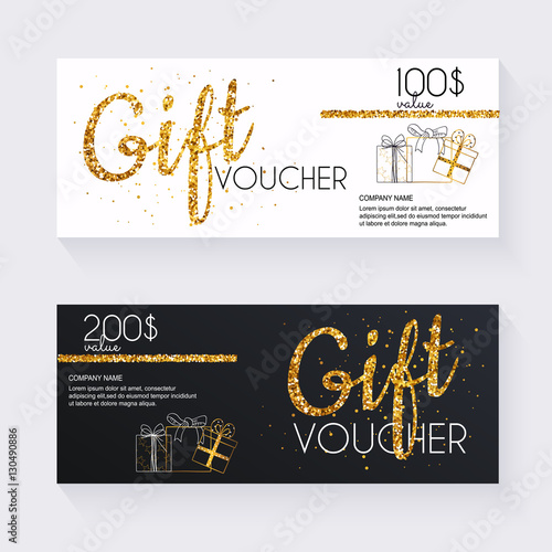 Voucher template with gold gift box,certificate. Background desi