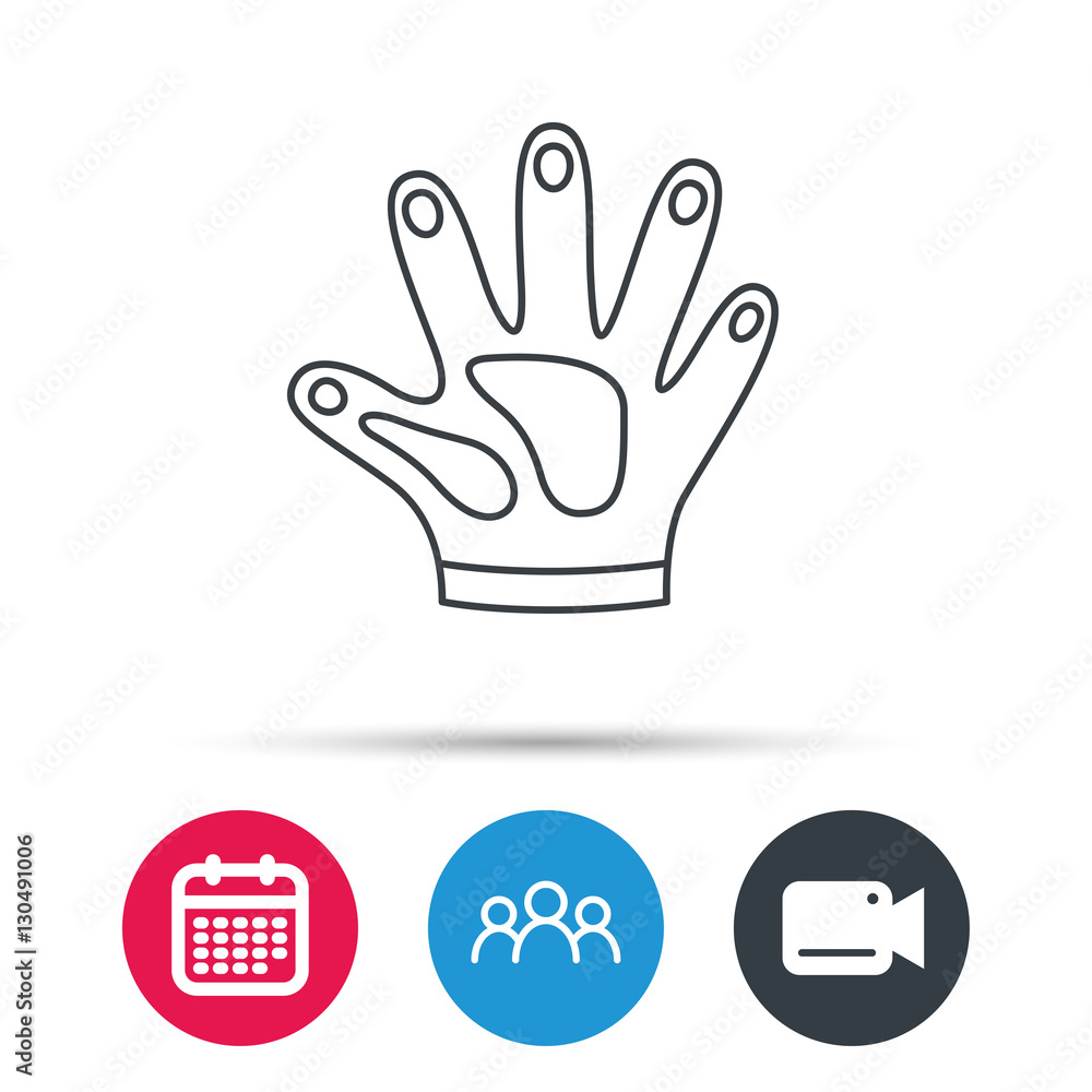 Obraz premium Construction gloves icon. Textile hand protection sign. Housework cleaning equipment symbol. Group of people, video cam and calendar icons. Vector