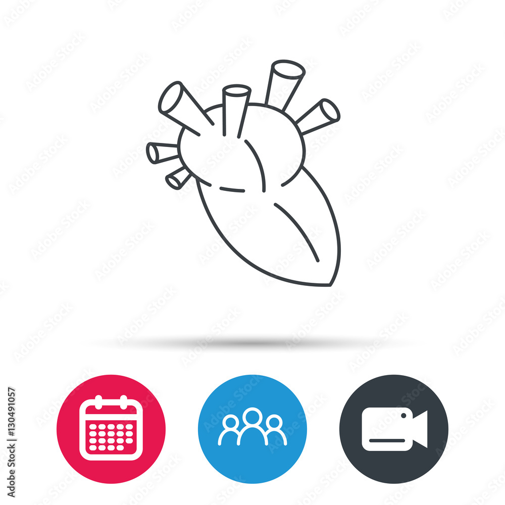 Fototapeta premium Heart icon. Human organ sign. Surgical transplantation symbol. Group of people, video cam and calendar icons. Vector