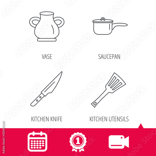 Achievement and video cam signs. Saucepan, kithcen knife and utensils icons. Vase linear sign. Calendar icon. Vector