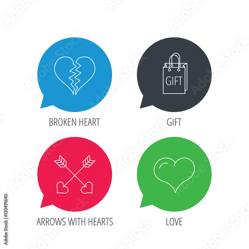 Colored speech bubbles. Love heart, gift box and arrows icons. Broken heart or divorce linear signs. Flat web buttons with linear icons. Vector