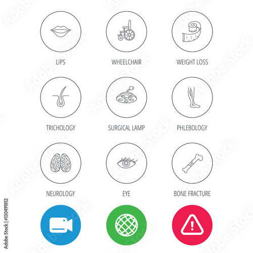 Eye, neurology brain and vein varicose icons. Wheelchair, bone fracture and trichology linear signs. Weight loss, lips and surgical lamp icons. Video cam, hazard attention and internet globe icons