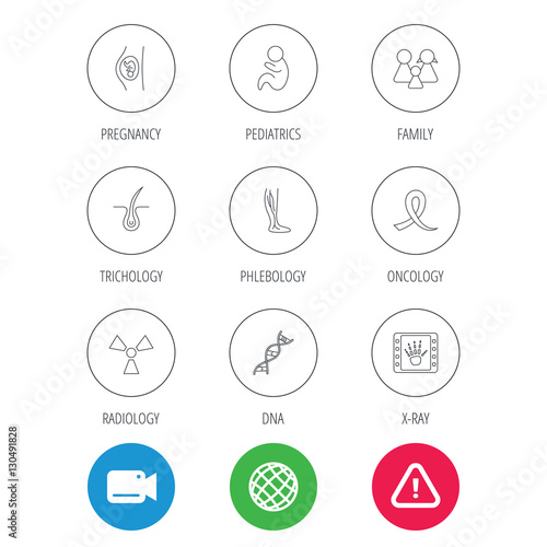 Pregnancy, pediatrics and family icons. Trichology, vein varicose and oncology awareness ribbon linear signs. Radiology, DNA icons. Video cam, hazard attention and internet globe icons. Vector