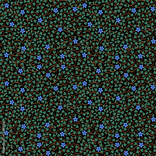 Floral seamless pattern with blooming blue flowers and leaves