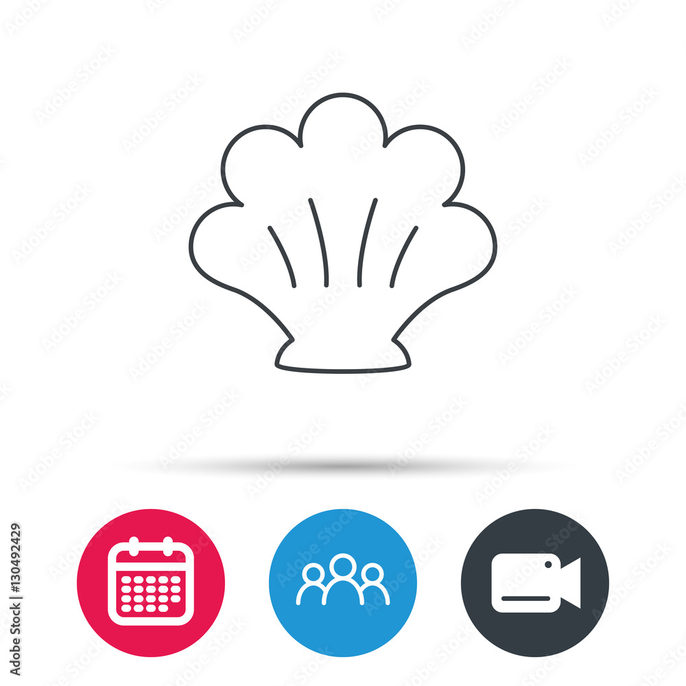 Sea shell icon. Seashell sign. Mollusk shell symbol. Group of people, video cam and calendar icons. Vector Sea shell icon. Seashell sign. Mollusk shell symbol. Group of people, video cam and calendar icons. Vector